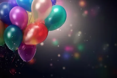 Colorful Party Balloons Floating Against Dark Bokeh Background