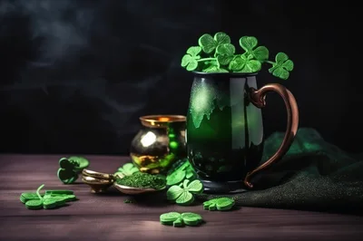 St Patrick's Day Celebration With Shamrock Mug And Gold