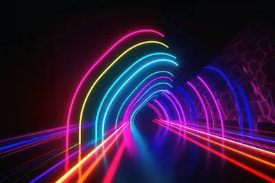 Neon Light Tunnel With Glowing Arches
