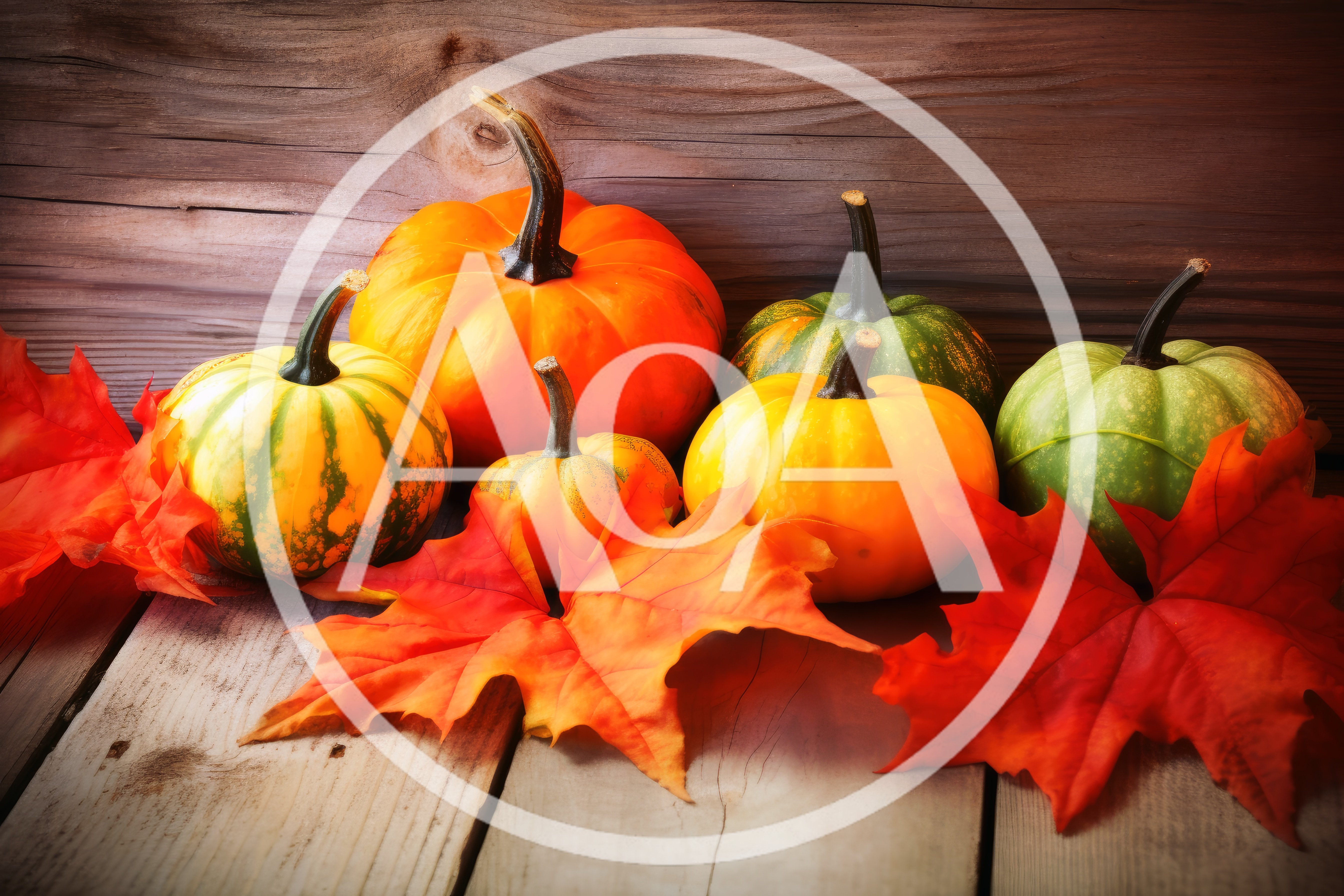 Autumn Harvest Pumpkins and Maple Leaves on Wood