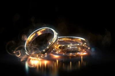 Two Ornate Gold Wedding Rings With Glowing Light Effects