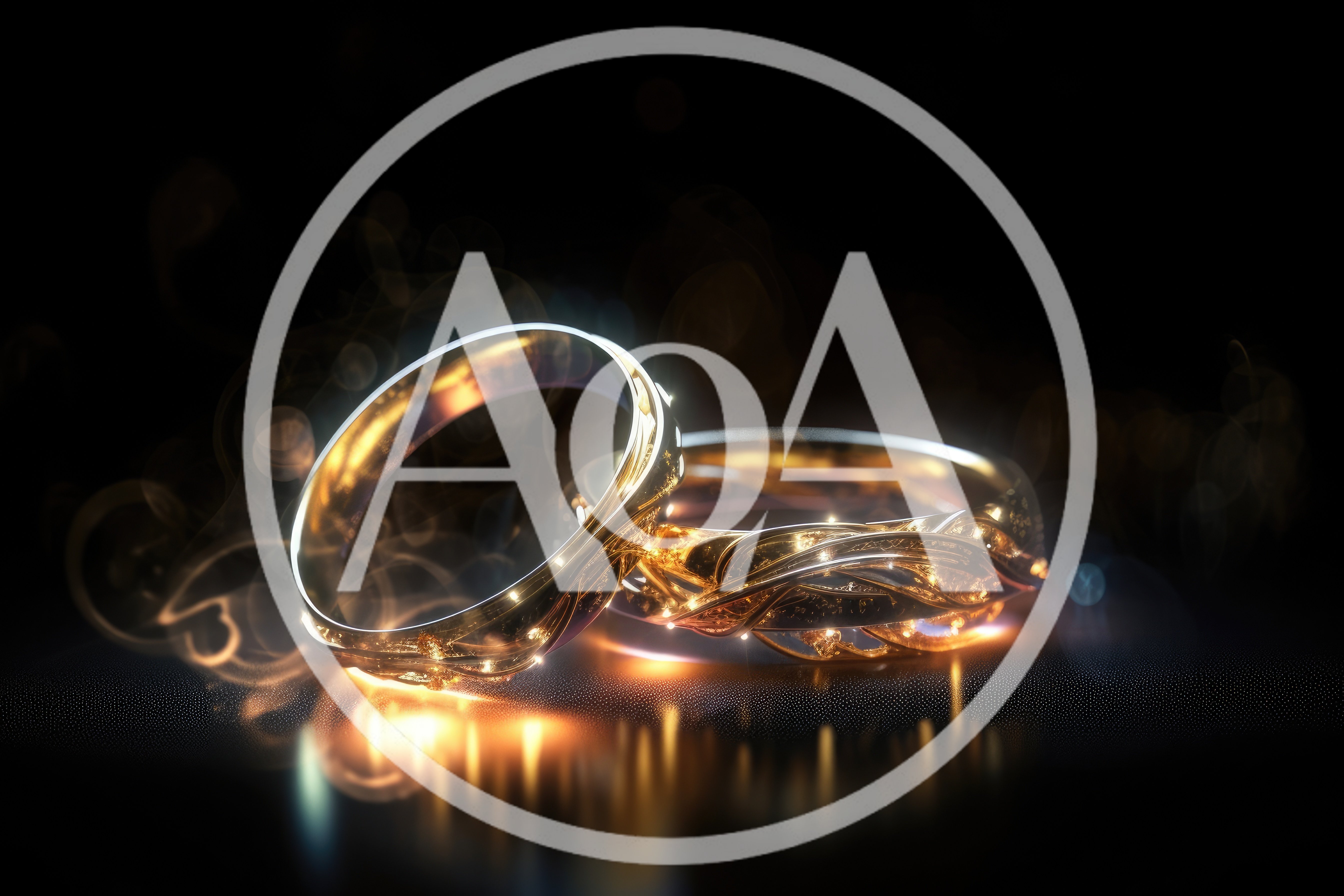 Two Ornate Gold Wedding Rings With Glowing Light Effects