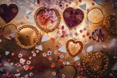 Decorative Hearts And Floral Elements On Gold Background