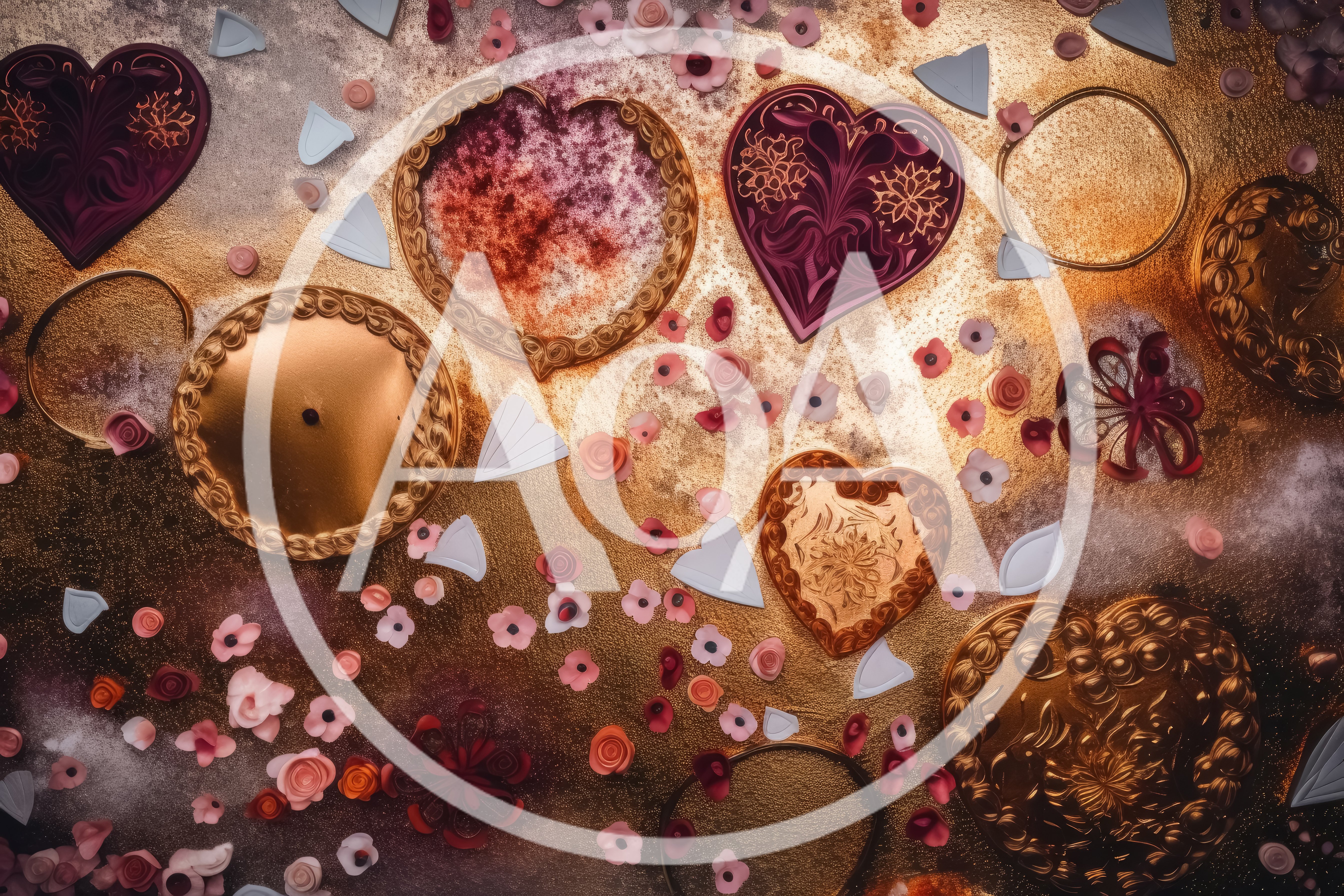 Decorative Hearts And Floral Elements On Gold Background