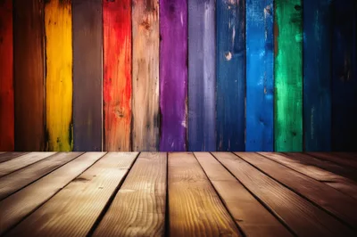 Rustic Wooden Table Against Multicolored Vertical Planks