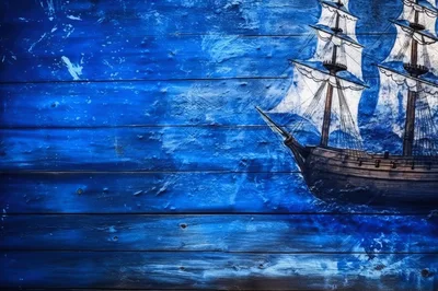 Vintage Sailing Ship Illustration On Blue Wooden Planks