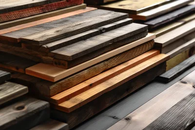 Stacked Assorted Wooden Planks In A Workshop