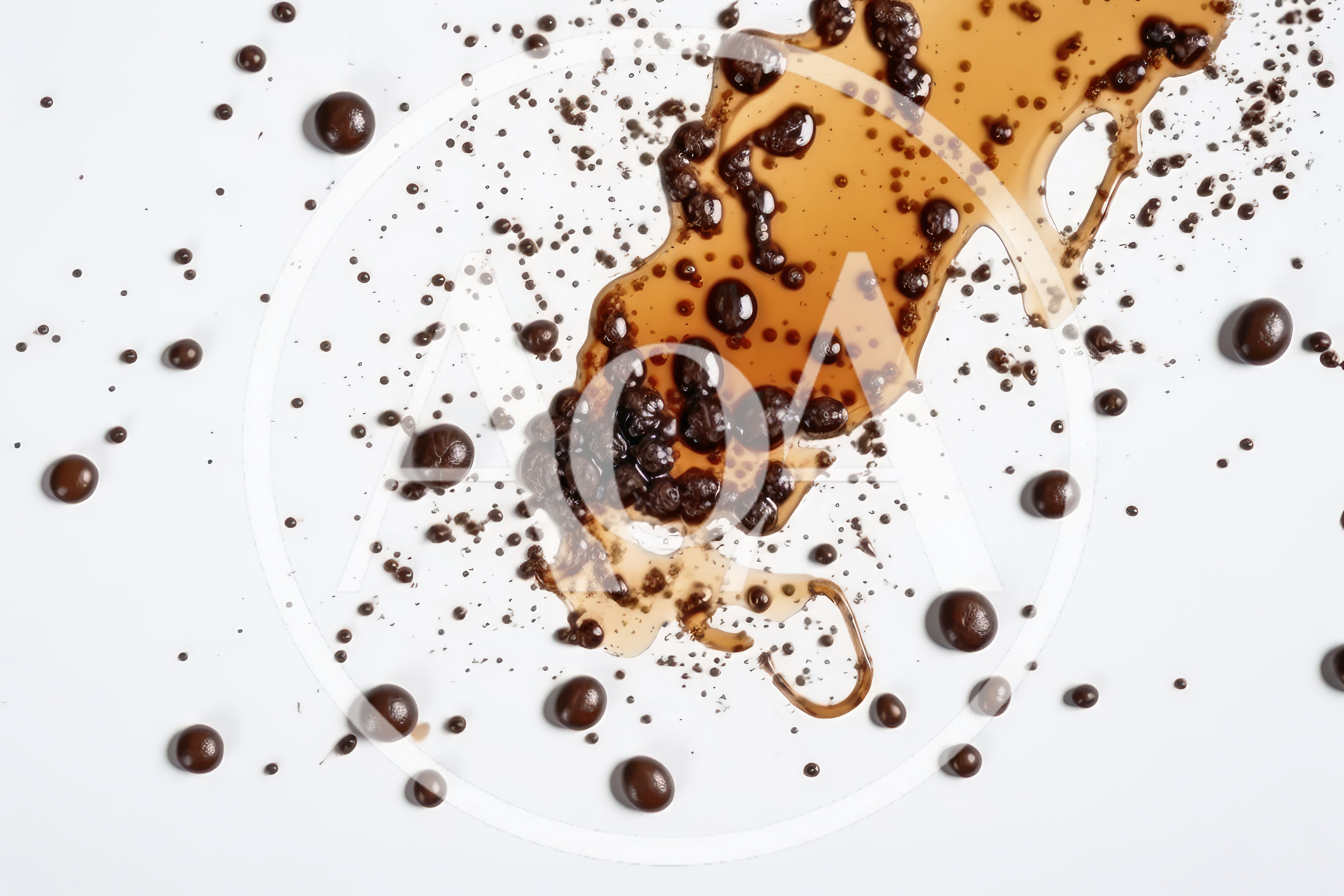 Coffee Beans and Spilled Liquid on White Background