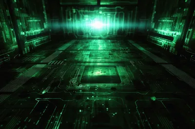 Futuristic Digital Circuitry Corridor With Glowing Green Light