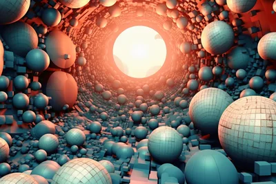 Abstract Futuristic Tunnel With Floating Spheres And Glowing Light