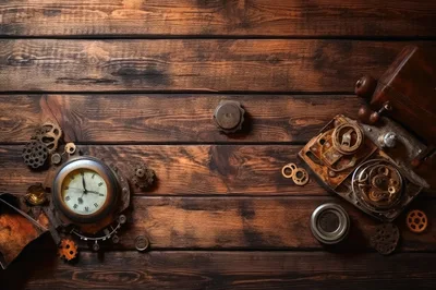 Steampunk Clockwork Components Arranged on Rustic Wooden Table