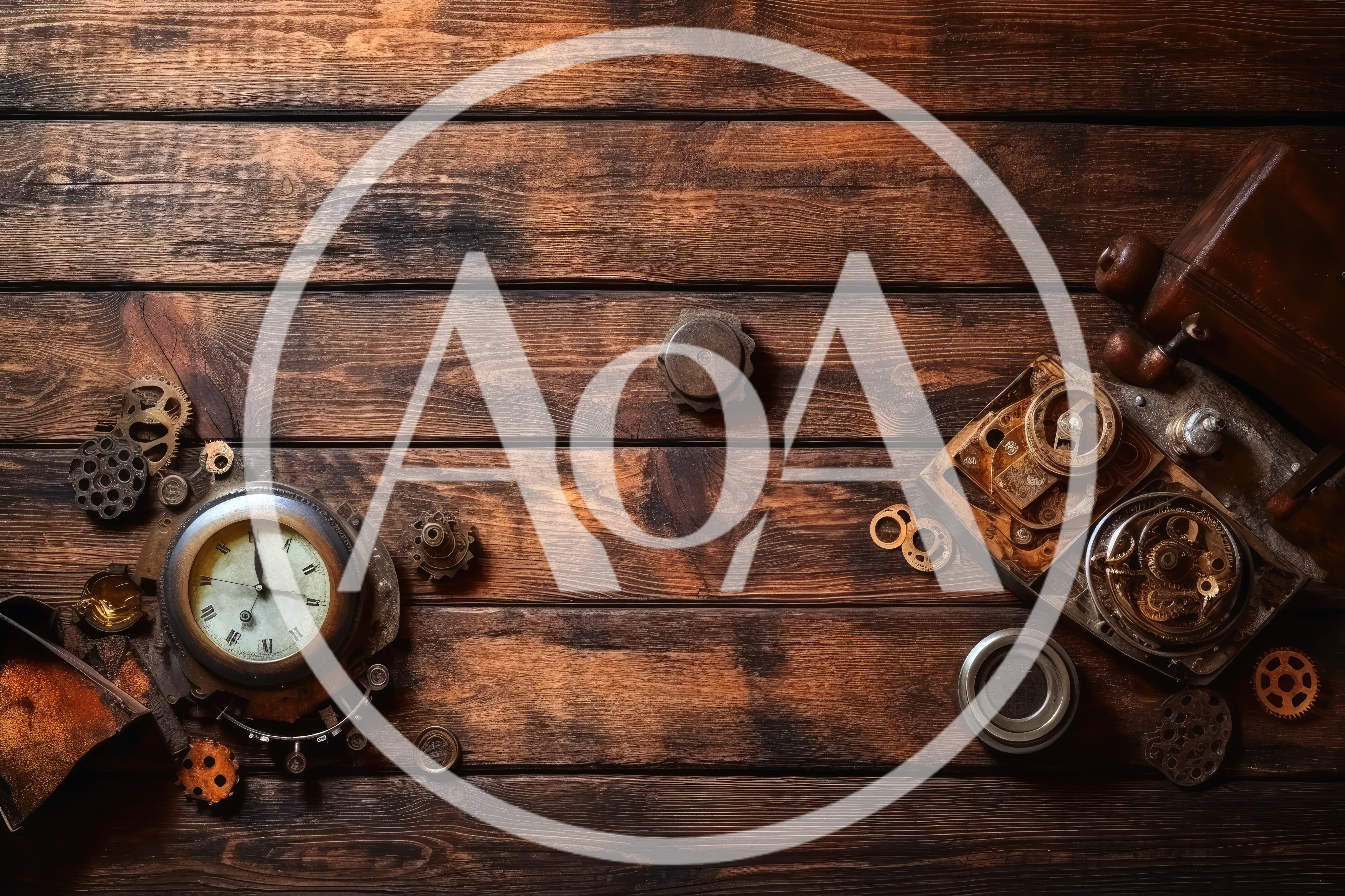 Steampunk Clockwork Components Arranged on Rustic Wooden Table