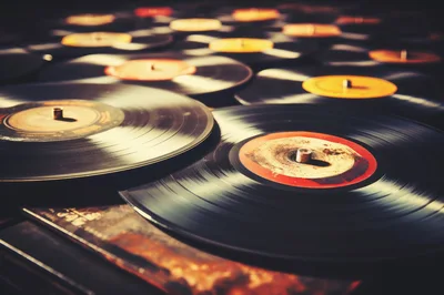 Collection Of Vintage Vinyl Records On Display