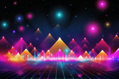 Retro Synthwave Landscape With Glowing Neon Pyramids