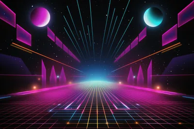 Retro Synthwave Digital Grid Landscape With Glowing Planets