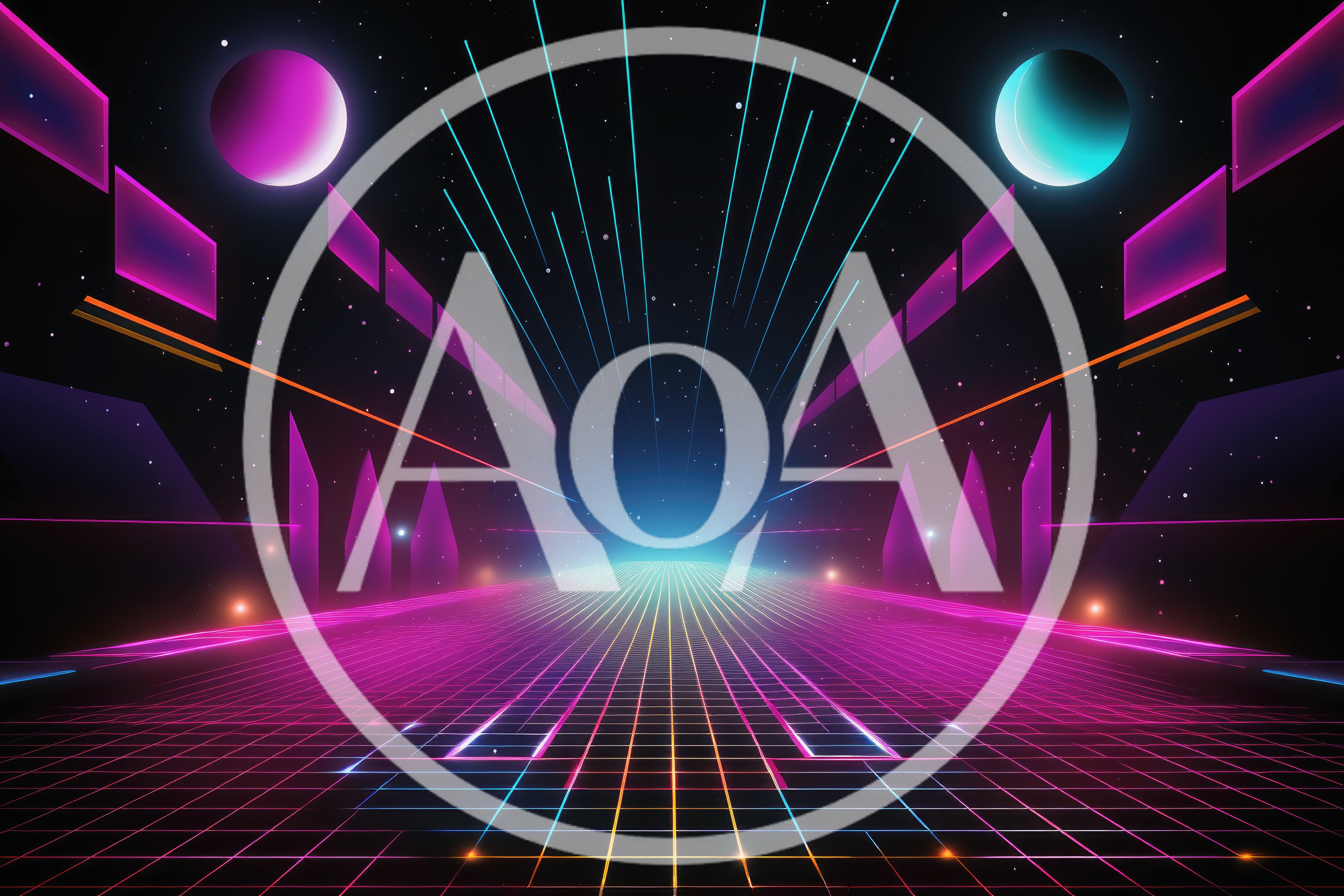 Retro Synthwave Digital Grid Landscape With Glowing Planets