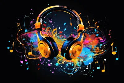 Abstract Headphones With Vibrant Musical Notes And Splashes