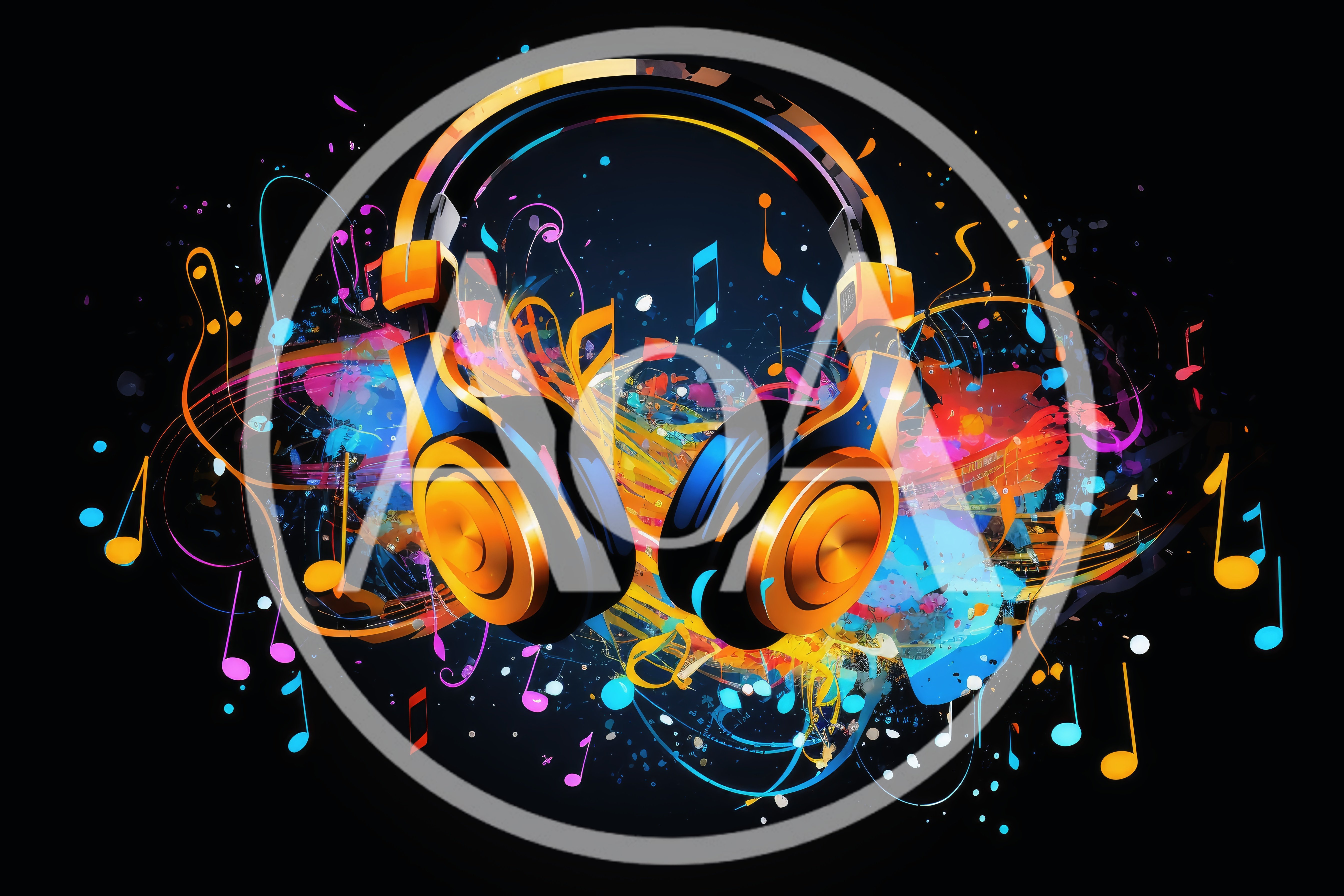 Abstract Headphones With Vibrant Musical Notes And Splashes