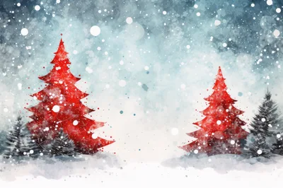 Watercolor Illustration Of Red Christmas Trees In Snowy Landscape