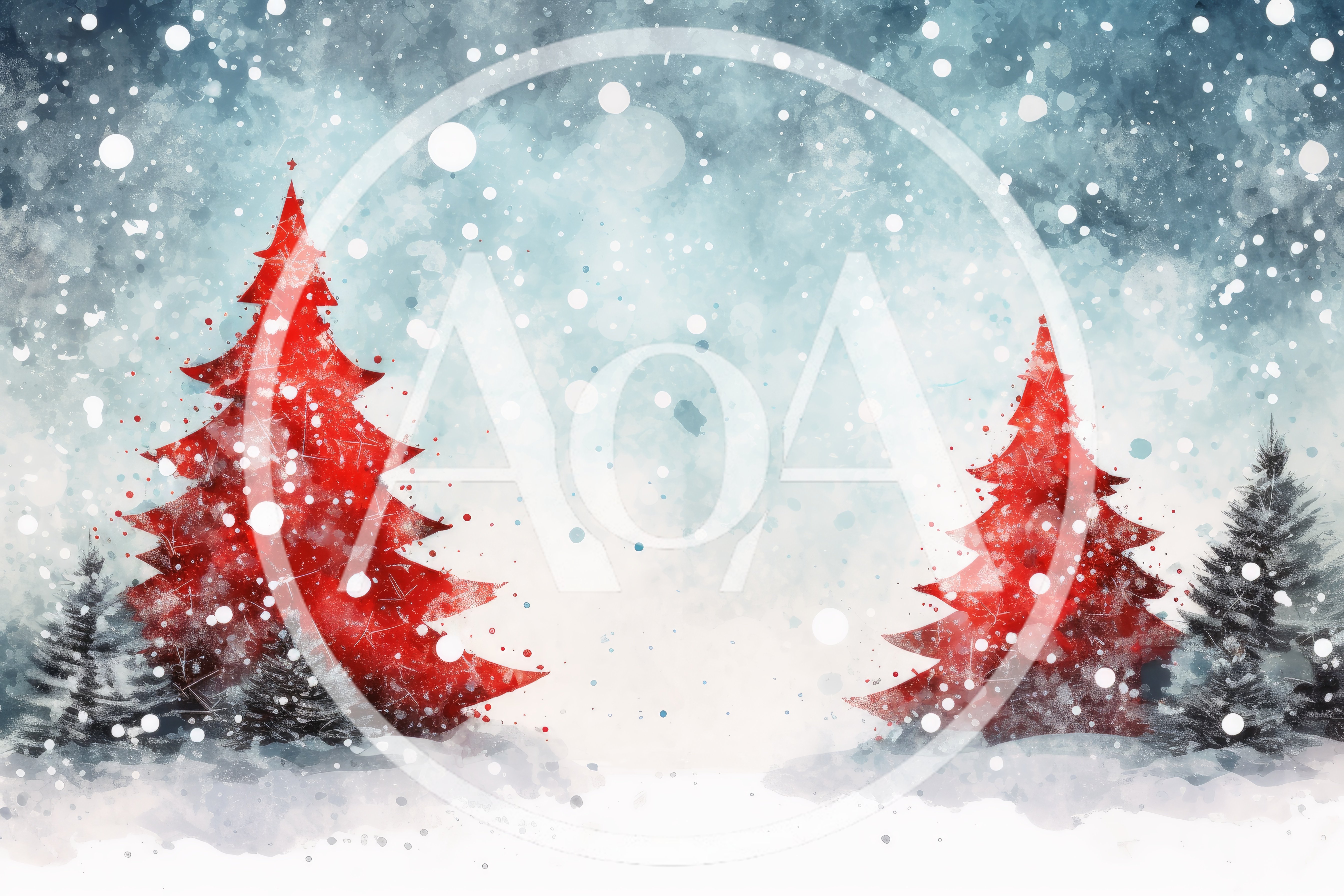 Watercolor Illustration Of Red Christmas Trees In Snowy Landscape