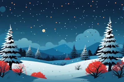 Winter Landscape With Snowy Pine Trees And Red Bushes