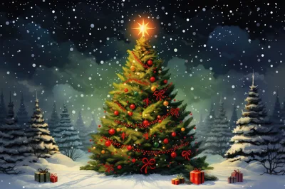 Decorated Christmas Tree in Snowy Winter Forest