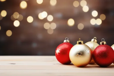 Christmas Ornaments on Wooden Table with Bokeh Background