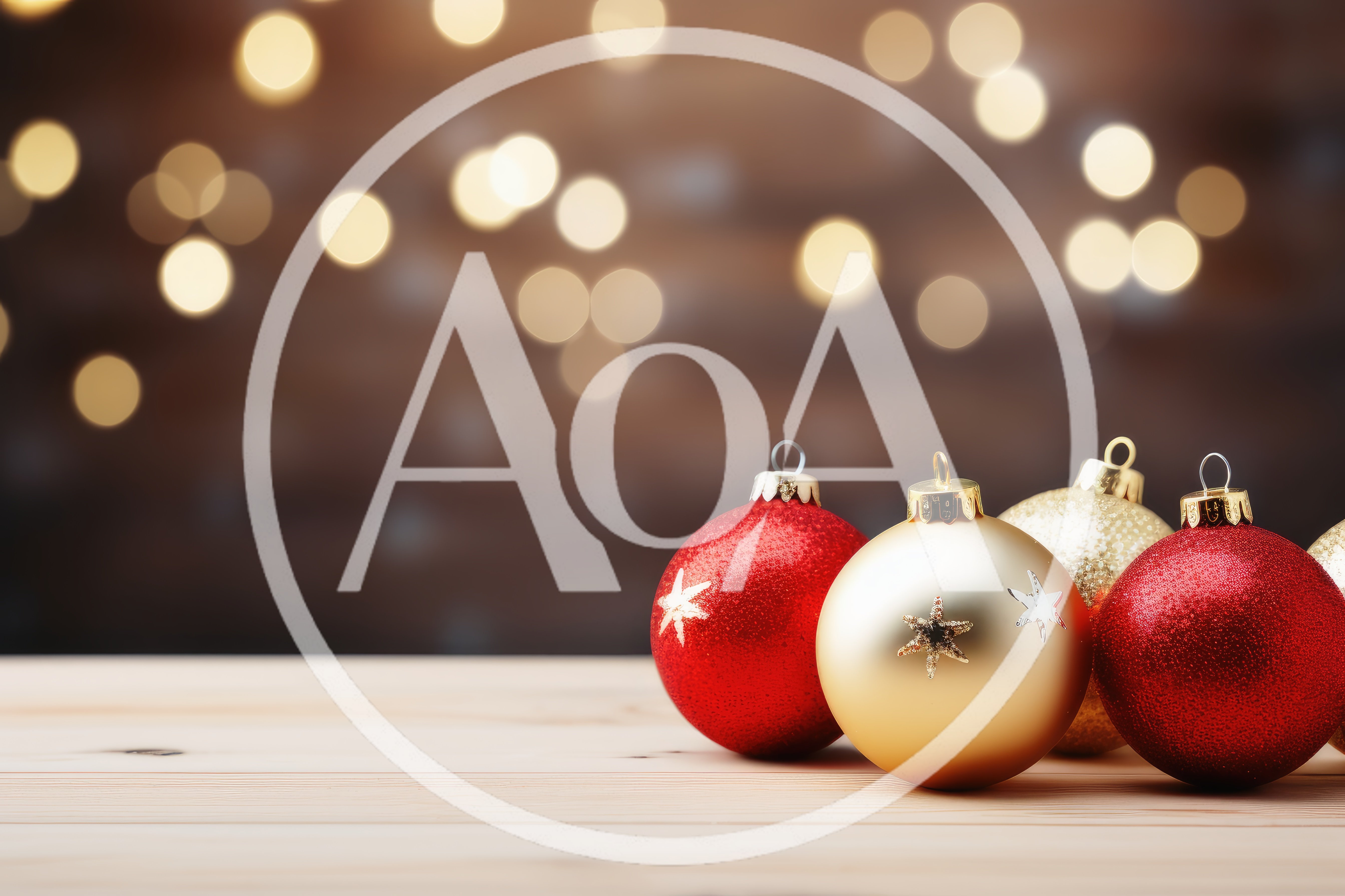 Christmas Ornaments on Wooden Table with Bokeh Background