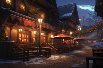 Cozy Winter Village Street With Christmas Decorations