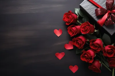 Red Roses And Gift Box On Dark Wooden Background