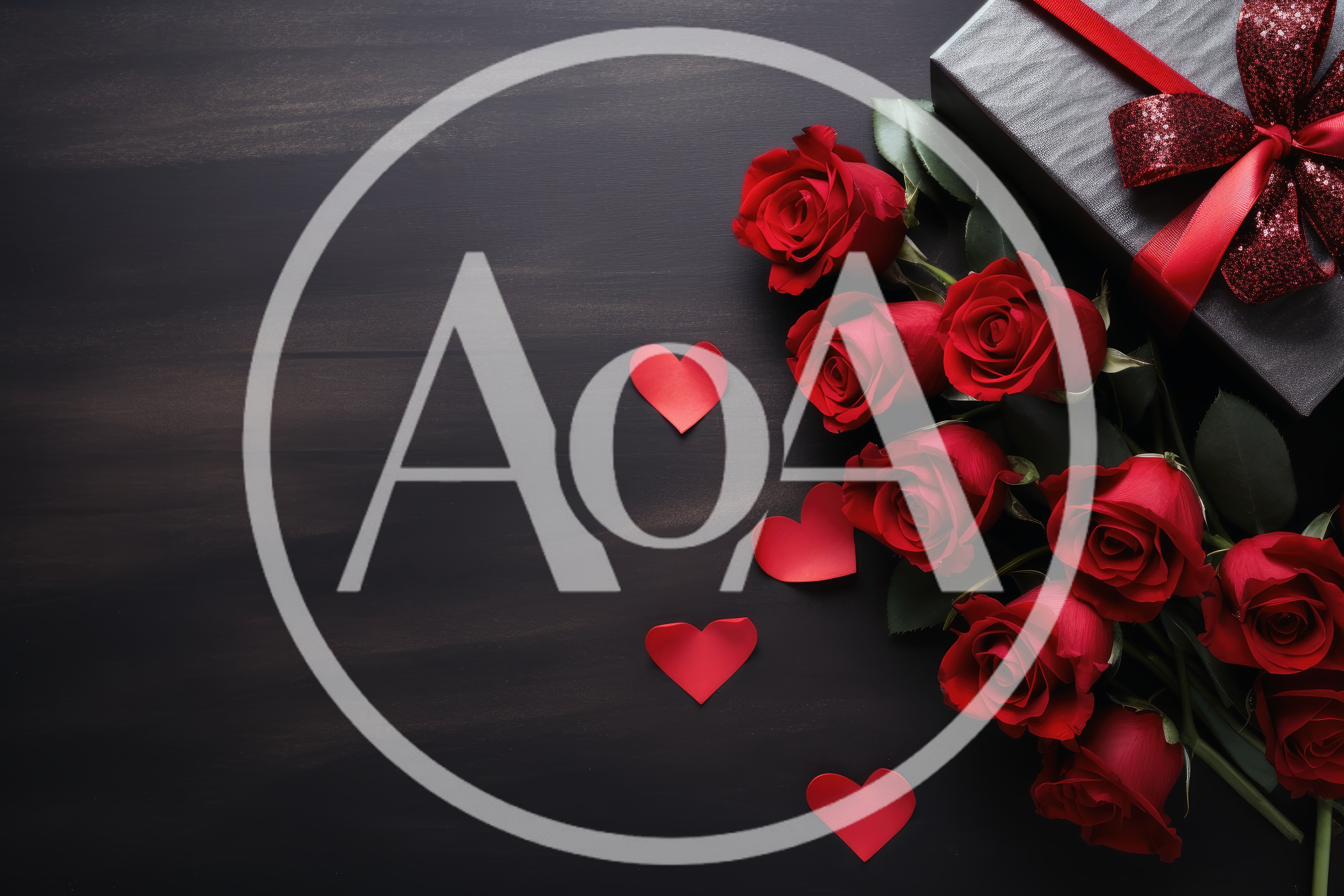 Red Roses And Gift Box On Dark Wooden Background