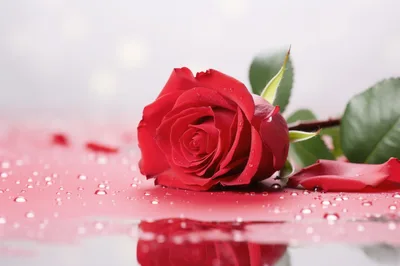 Single Red Rose With Water Droplets On Reflective Surface