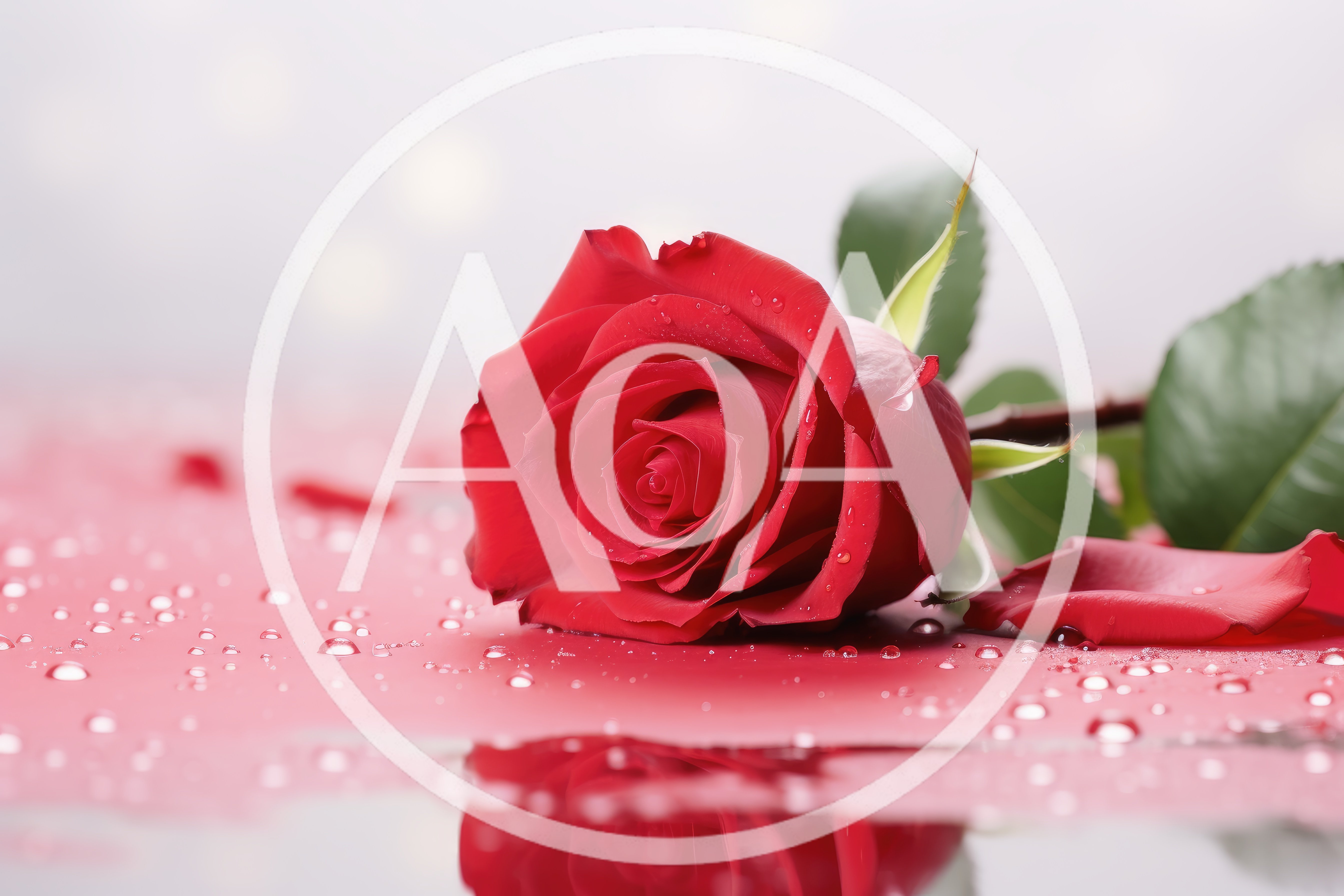 Single Red Rose With Water Droplets On Reflective Surface