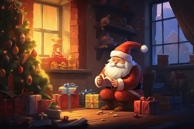 Santa Claus Reading A Book By The Christmas Tree