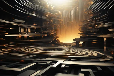 Futuristic Abstract Architecture With Glowing Golden Light