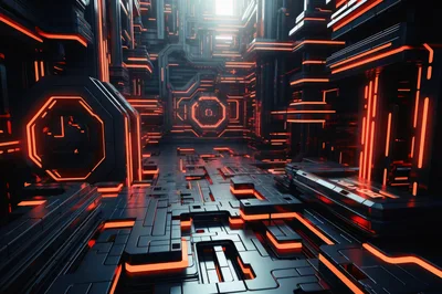 Futuristic Cyberpunk Corridor With Glowing Red Neon Lights