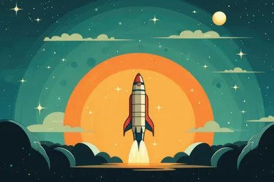 Retro Style Rocket Launching Into Space