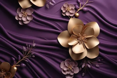Golden Flowers On Deep Purple Fabric Background