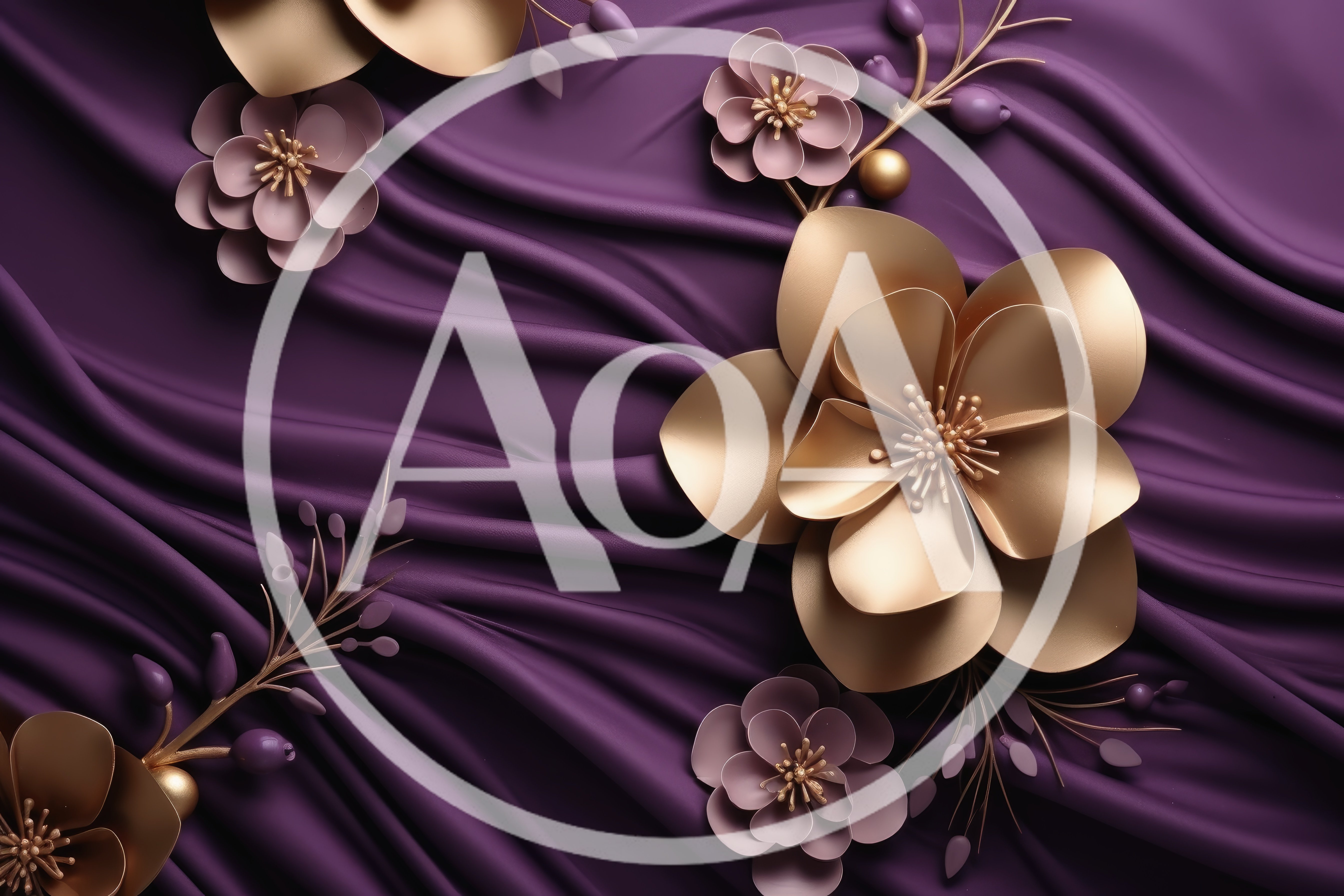 Golden Flowers On Deep Purple Fabric Background