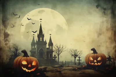 Spooky Halloween Scene With Jack O Lanterns And Church