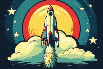 Retro Style Rocket Launching Into Space