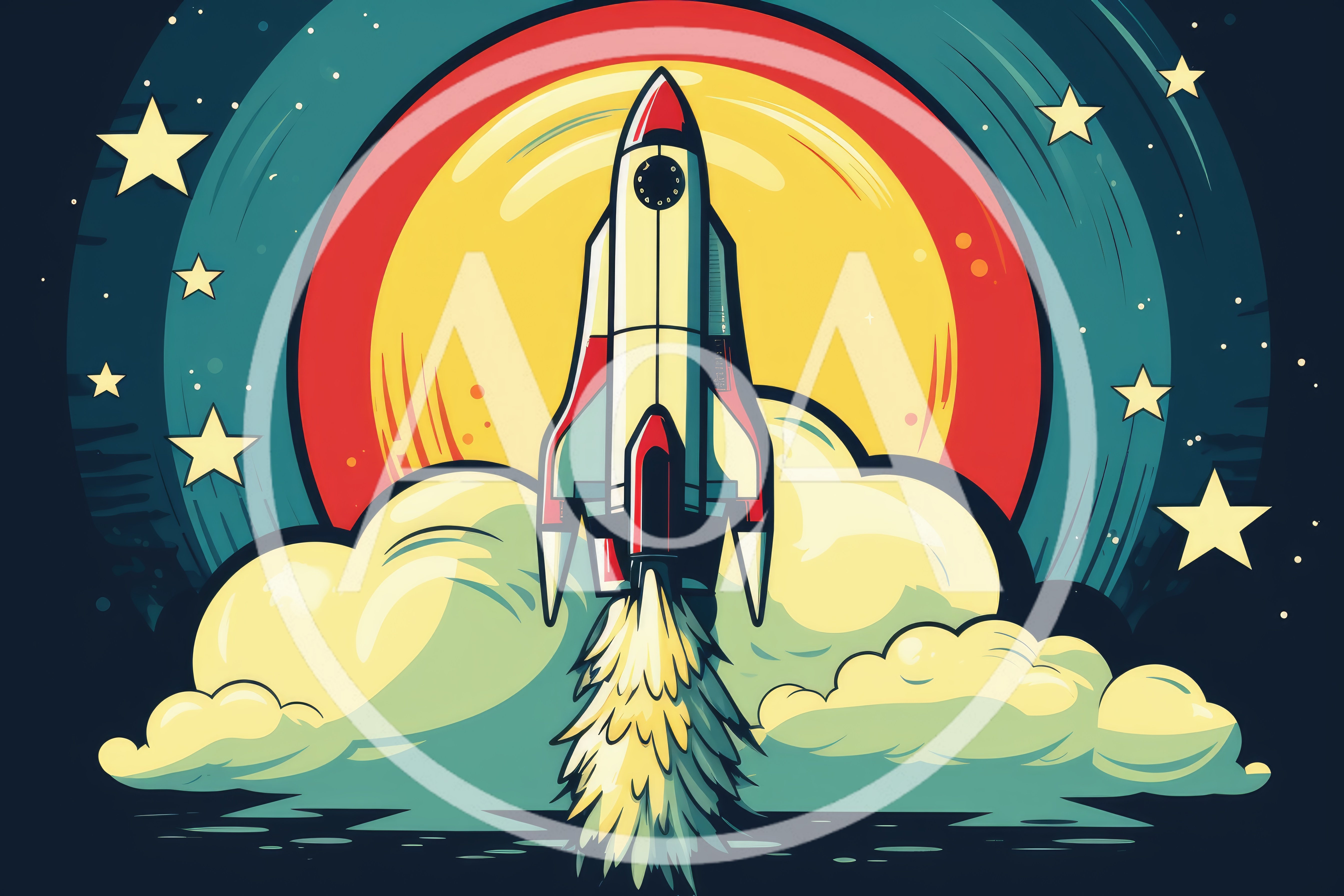 Retro Style Rocket Launching Into Space