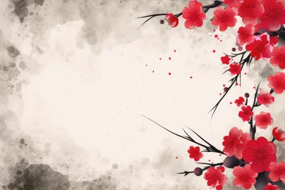 Red Plum Blossom Branches on Watercolor Background