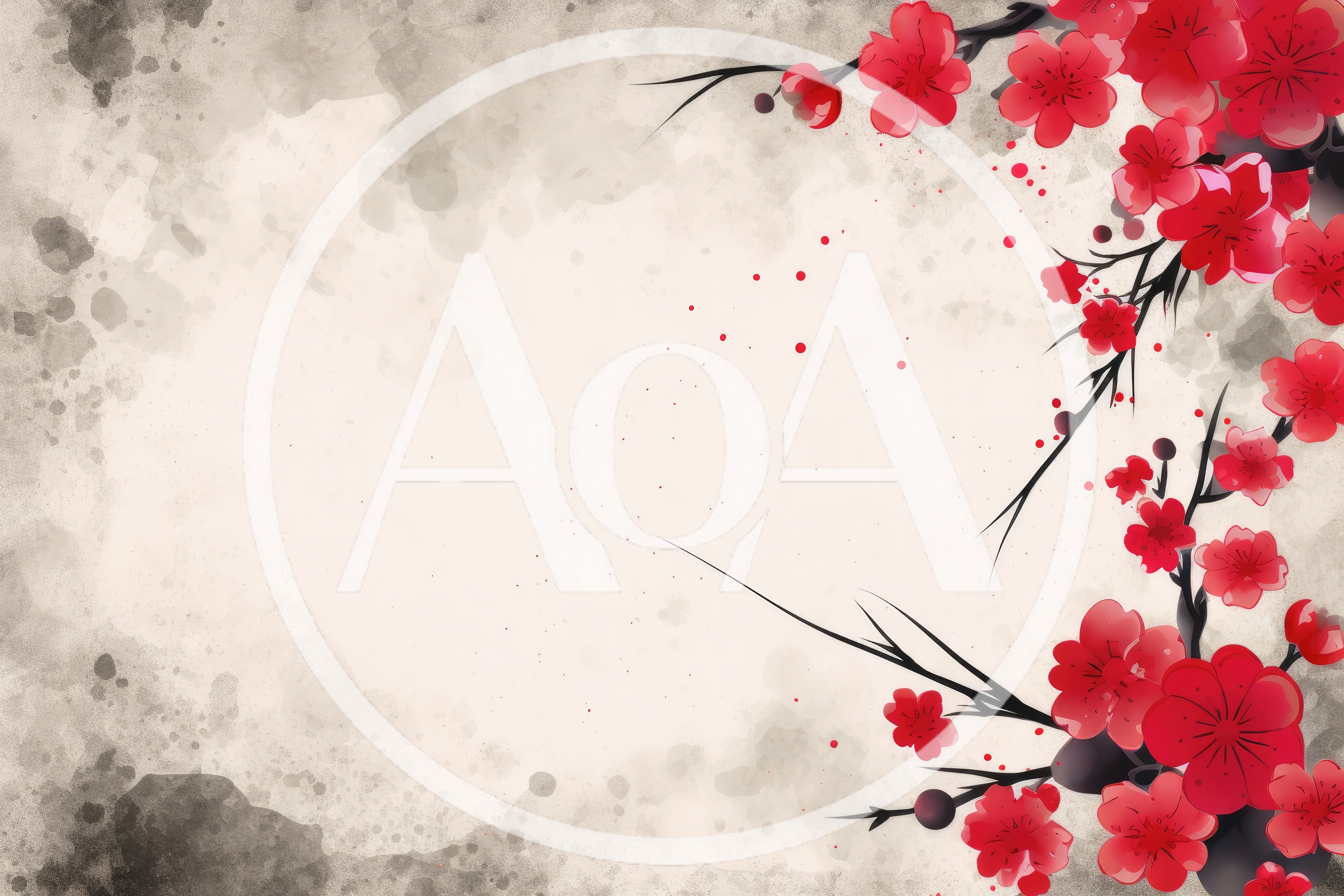 Red Plum Blossom Branches on Watercolor Background