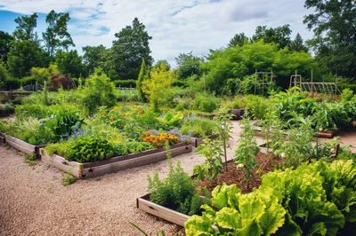 Community Garden With Raised Vegetable Beds And Gravel Paths