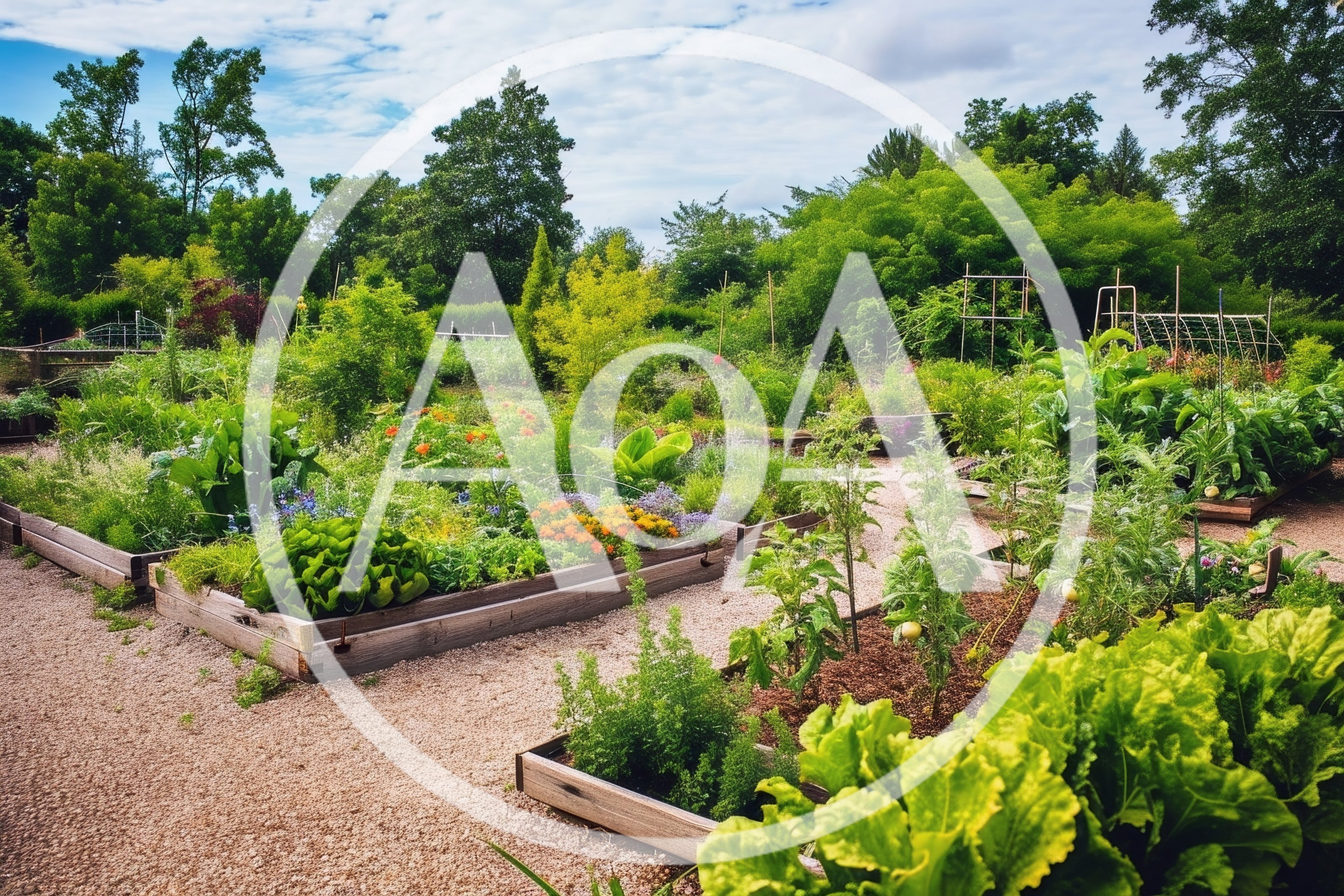 Community Garden With Raised Vegetable Beds And Gravel Paths