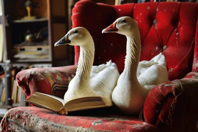 Two White Geese Sitting On A Vintage Red Armchair