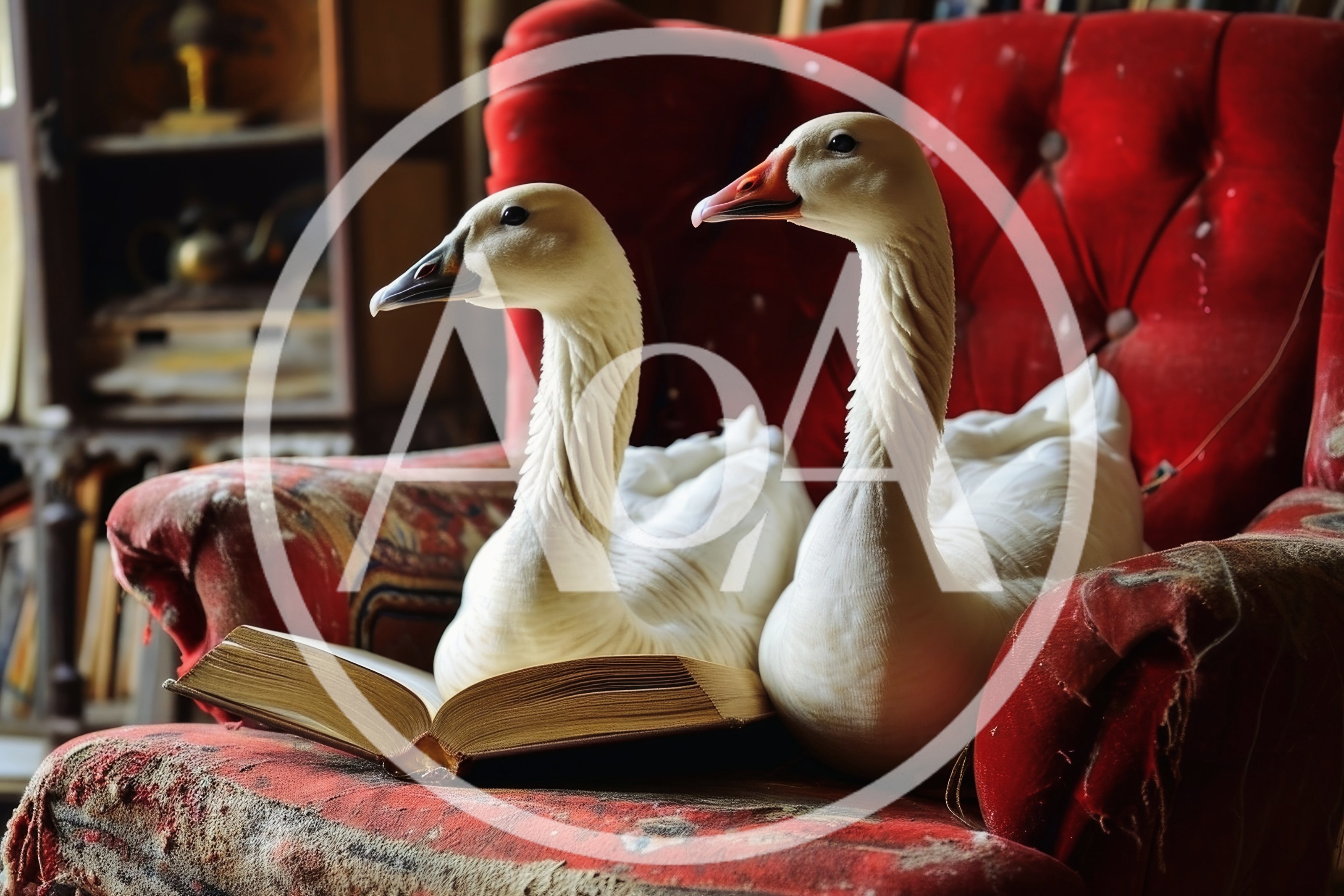 Two White Geese Sitting On A Vintage Red Armchair
