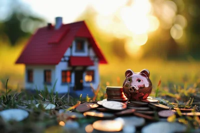 Miniature House Model With Piggy Bank And Coins