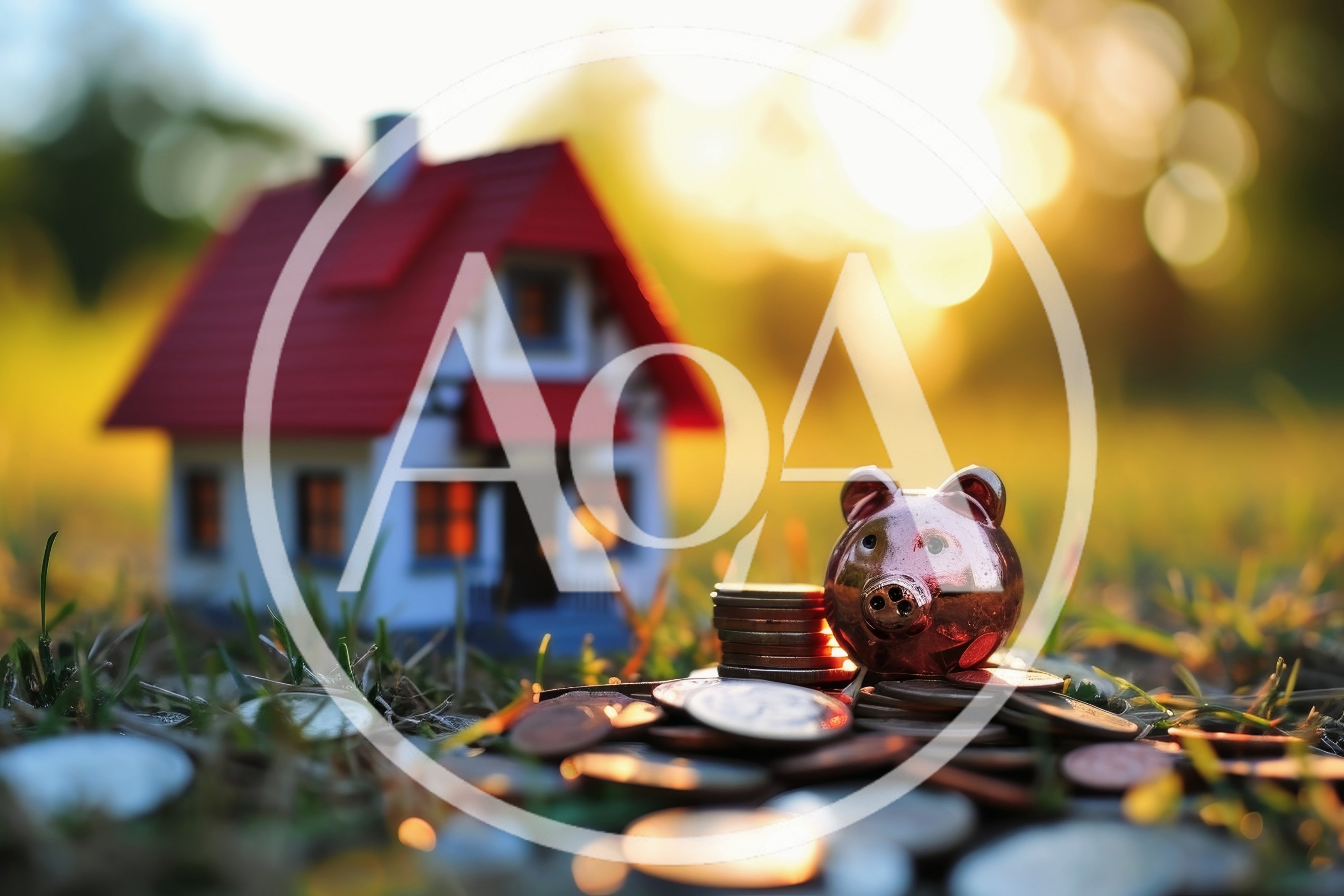 Miniature House Model With Piggy Bank And Coins